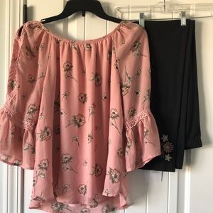 Knitworks 2 Piece Set Girls Size XL Plus Pink Blush Top Black Leggings‎ Floral